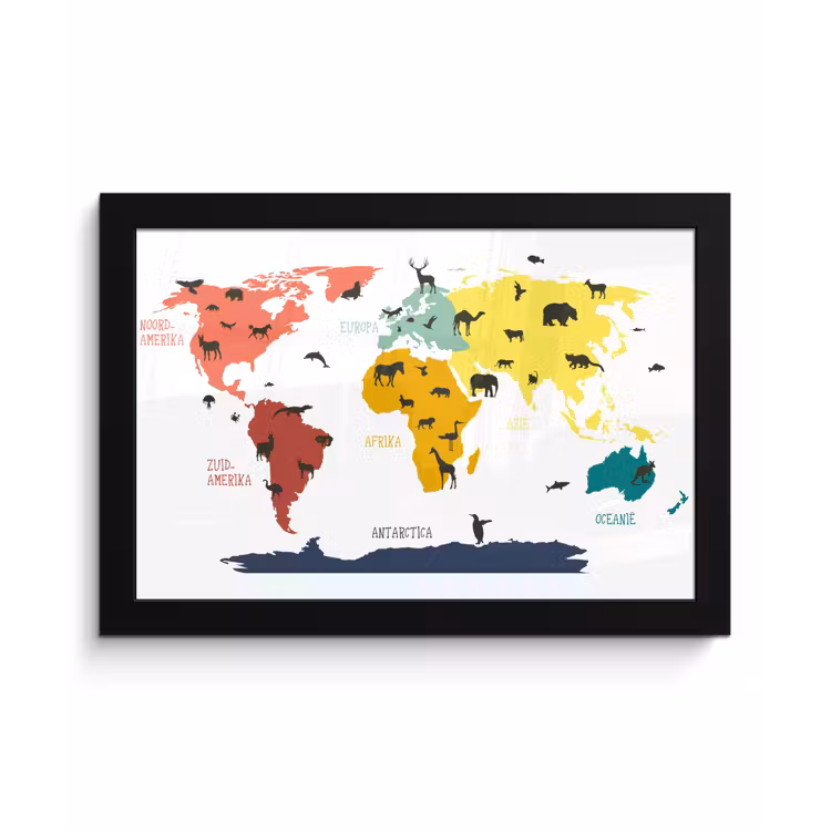 Poster met lijst - Wereldkaart - Kinderen - Dieren - Roze - Oranje - Jongens - Meiden — 1