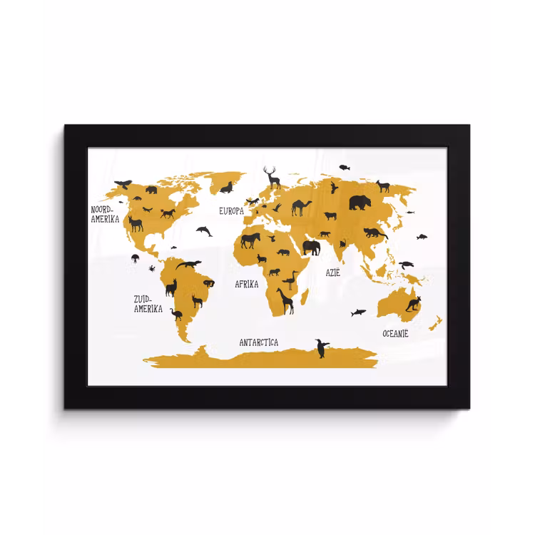 Poster met lijst - Wereldkaart - Kinderen - Goud - Dieren - Kind — 1