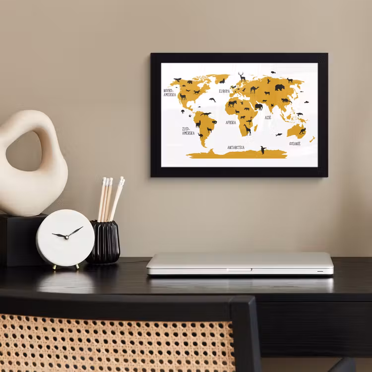 Poster met lijst - Wereldkaart - Kinderen - Goud - Dieren - Kind — 2