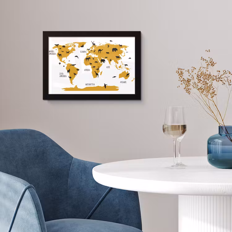 Poster met lijst - Wereldkaart - Kinderen - Goud - Dieren - Kind — 4