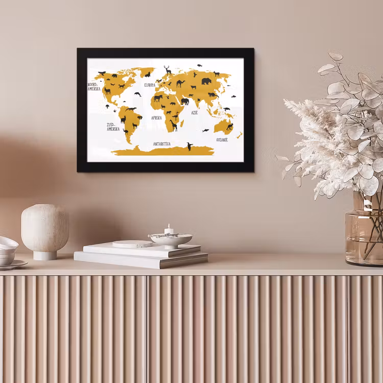 Poster met lijst - Wereldkaart - Kinderen - Goud - Dieren - Kind — 5