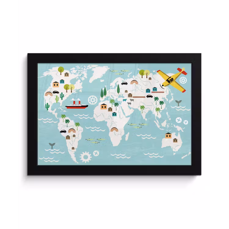 Poster met lijst - Wereldkaart - Kinderen - Vliegtuig - Boot - Jongens - Meisjes — 1