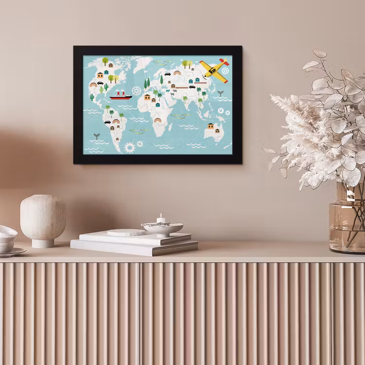 Poster met lijst - Wereldkaart - Kinderen - Vliegtuig - Boot - Jongens - Meisjes — 5
