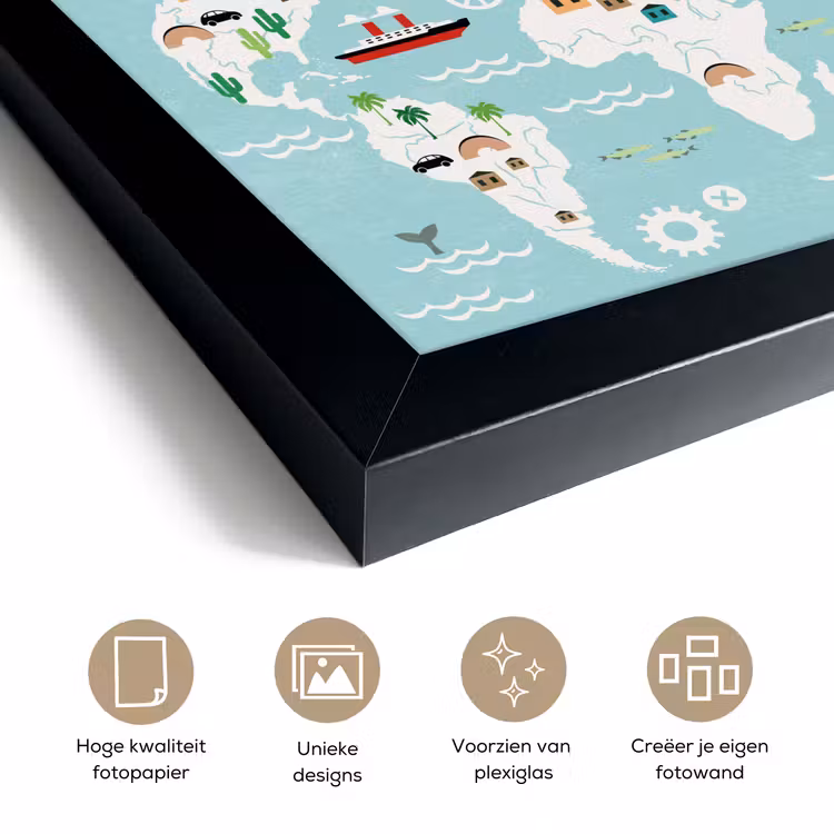 Poster met lijst - Wereldkaart - Kinderen - Vliegtuig - Boot - Jongens - Meisjes — 6