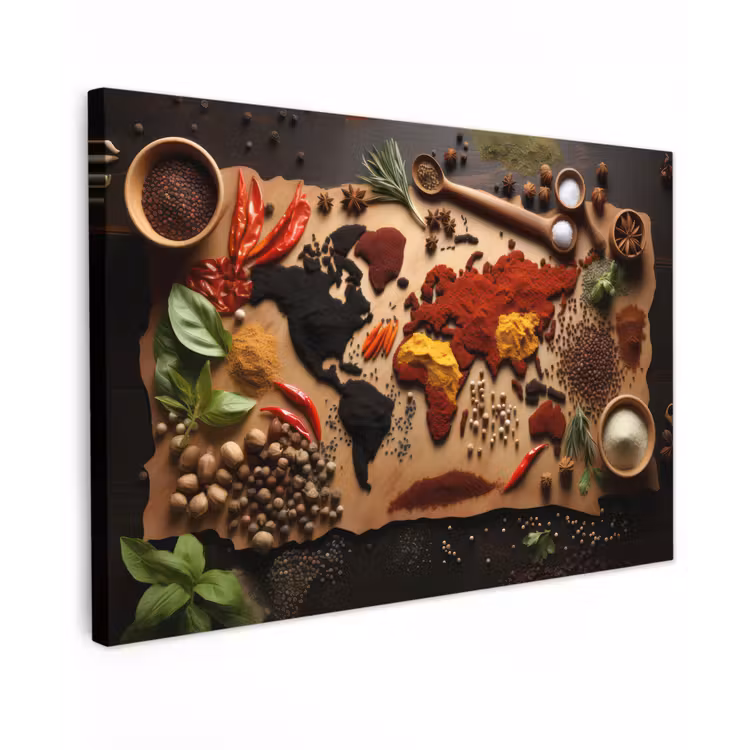 Canvas schilderij - Kruiden - Specerijen - Wereldkaart - Bruin - Lepel - Kleurrijk — 1