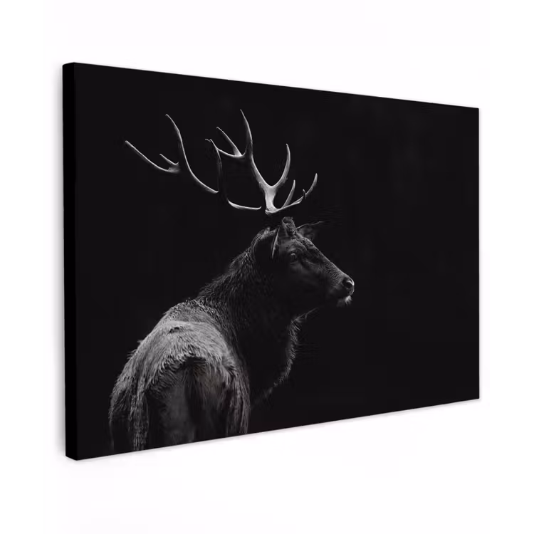 Canvas schilderij - Hert - Zwart - Wit - Gewei — 1