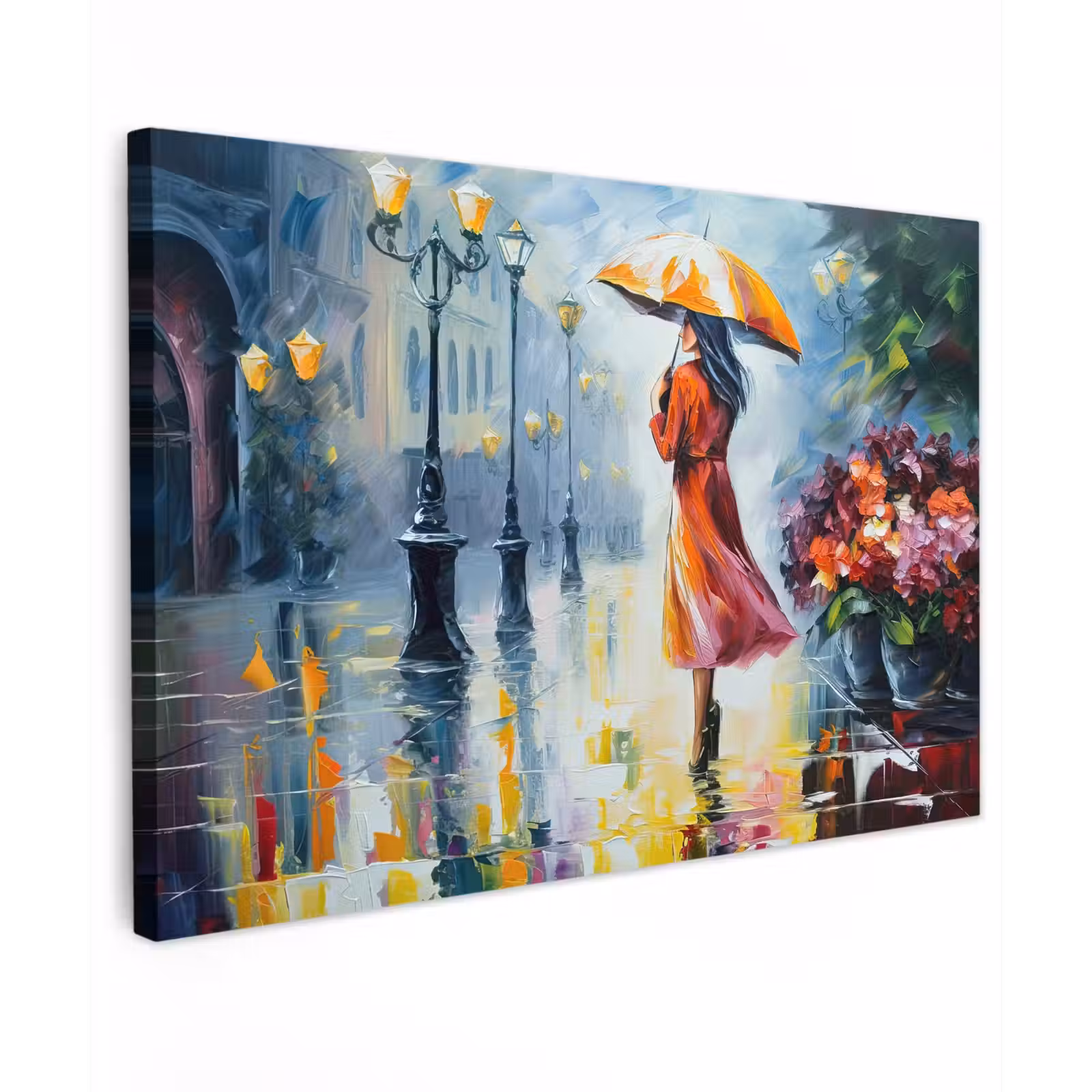 Canvas schilderij - Olieverf - Paraplu - Vrouw - Straat - Kunst — 1