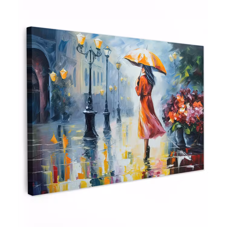 Canvas schilderij - Olieverf - Paraplu - Vrouw - Straat - Kunst — 1