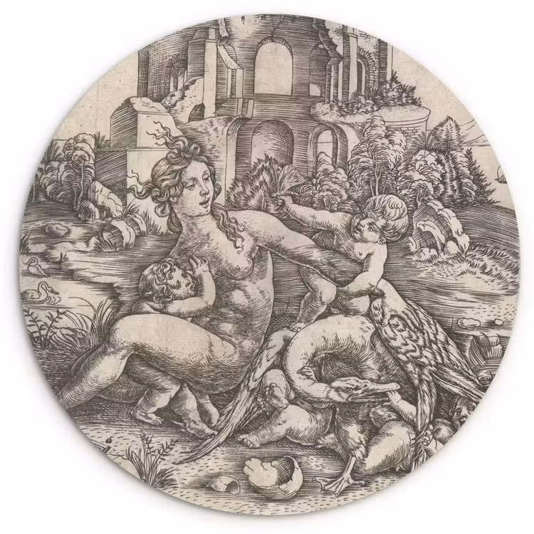 Muurcirkel - Leda en de zwaan met haar vier kinderen - Schilderij van Meester IB met de vogel — 1