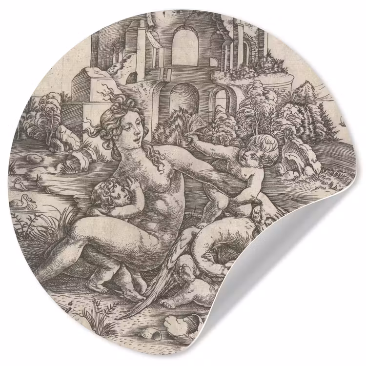 Behangcirkel - Leda en de zwaan met haar vier kinderen - Schilderij van Meester IB met de vogel — 1