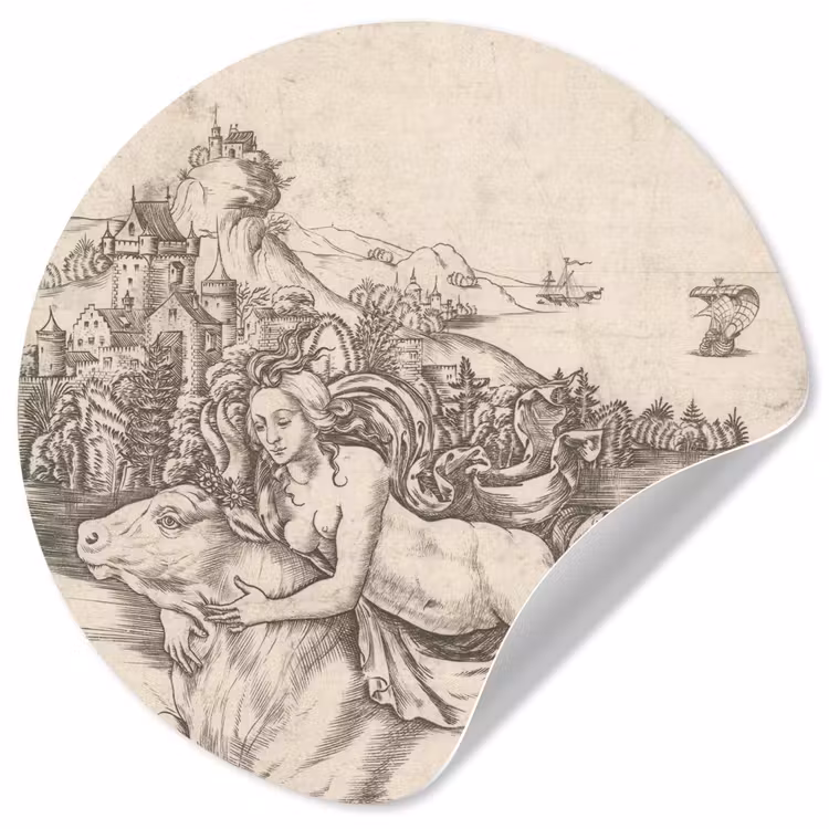 Behangcirkel - Ontvoering van Europa op rug van Jupiter in gedaante van stier - Schilderij van Meester IB met de vogel — 1