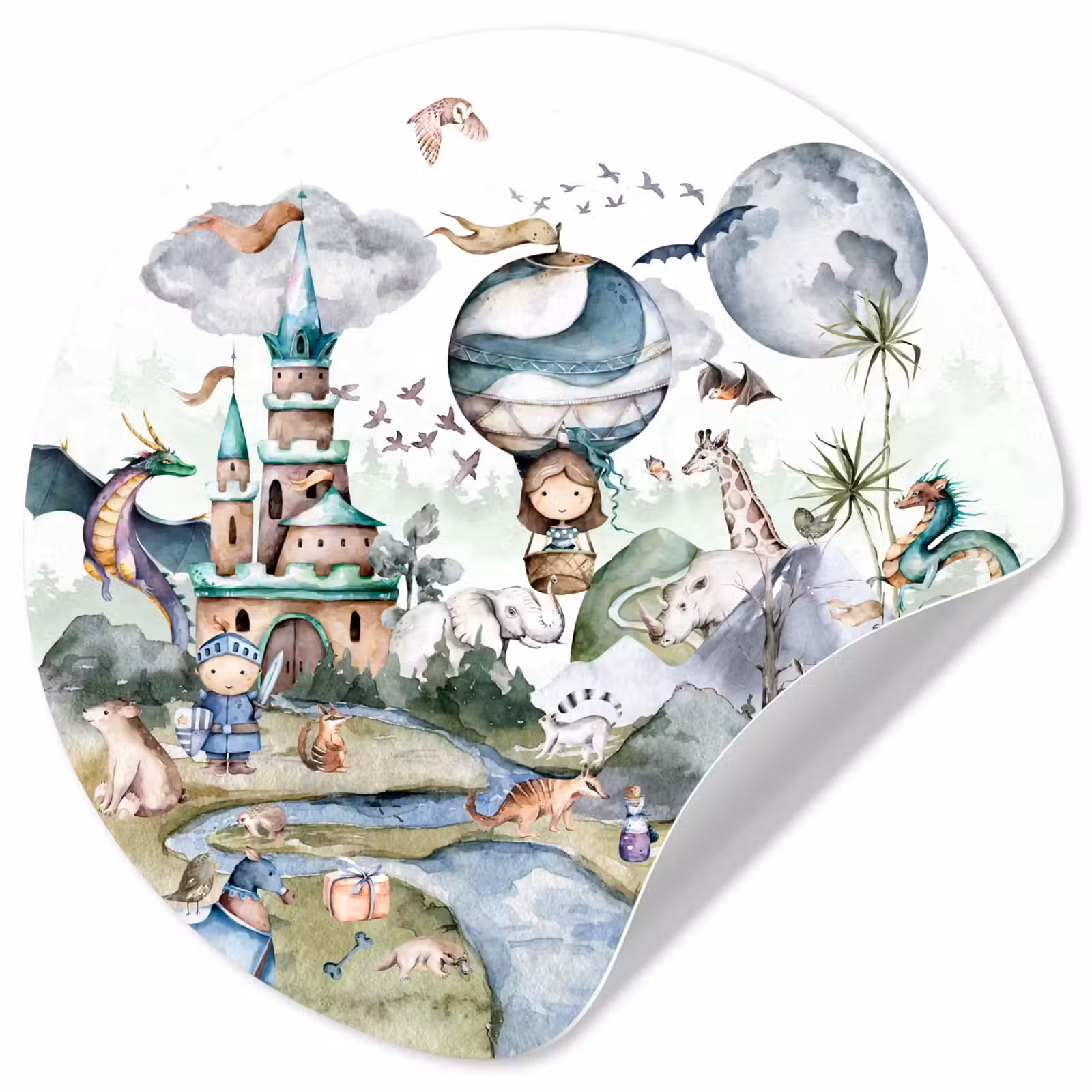 Behangcirkel - Kinderen - Luchtballon - Draak - Jongens - Kasteel - Waterverf — 1