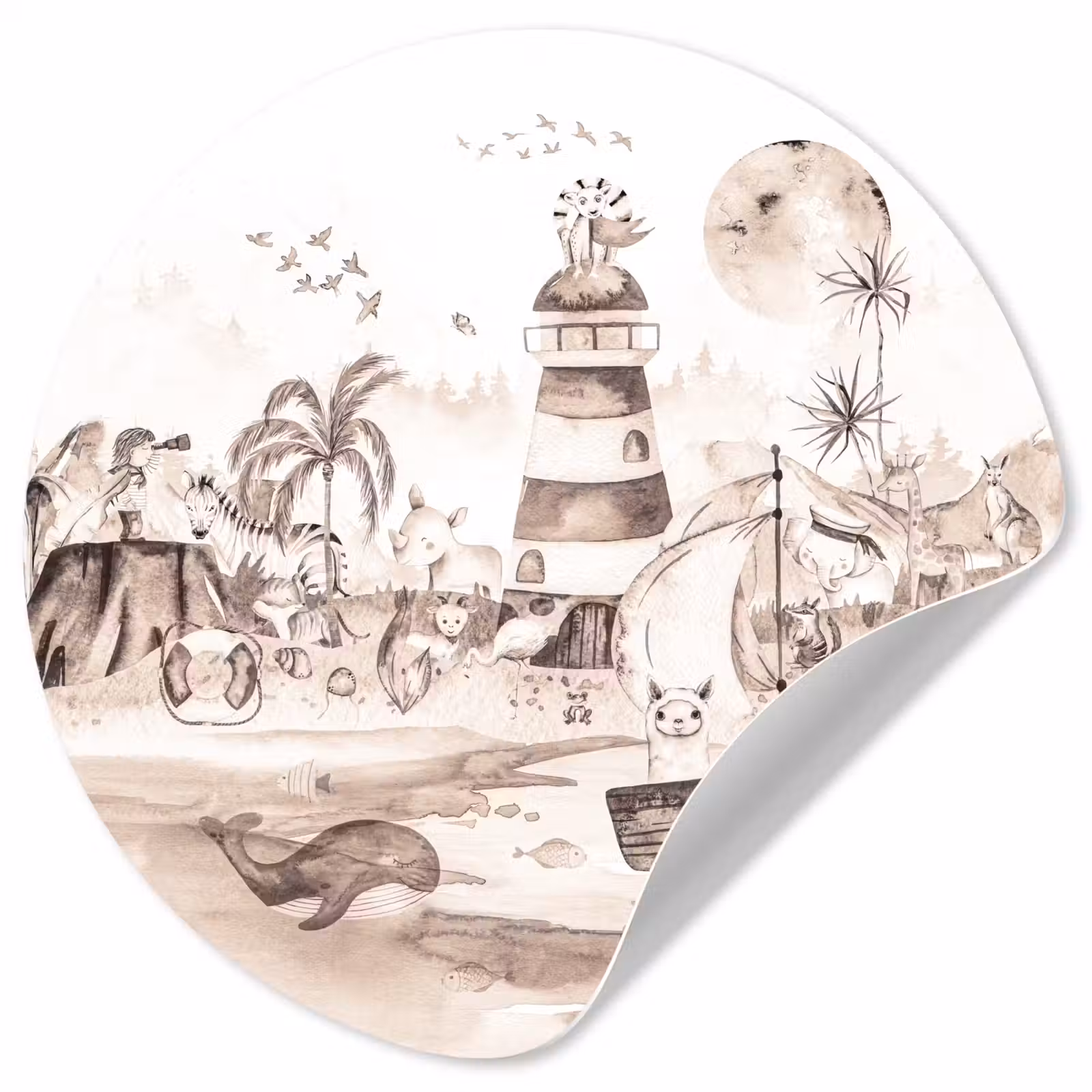 Behangcirkel - Strand - Kinderen - Vuurtoren - Alpaca - Zee - Dieren — 1