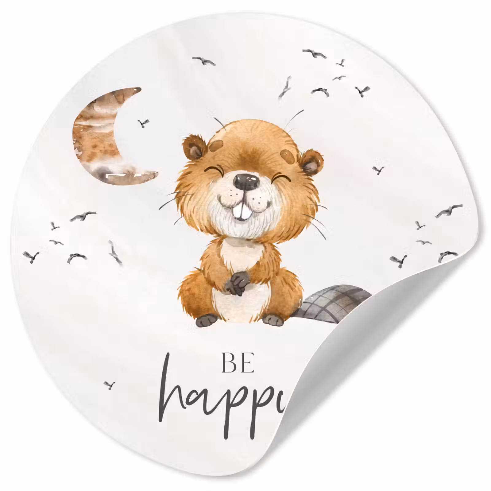 Behangcirkel - Quotes - Be happy - Kinderen - Maan - Bever - Waterverf — 1