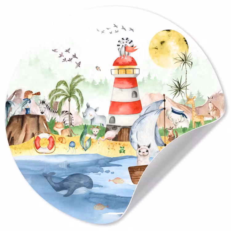 Behangcirkel - Strand - Dieren - Kinderen - Vuurtoren - Jongens — 1