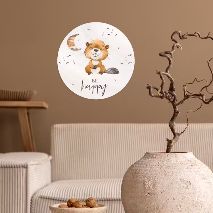 Behangcirkel - Quotes - Be happy - Kinderen - Maan - Bever - Waterverf — 2