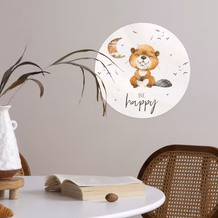 Behangcirkel - Quotes - Be happy - Kinderen - Maan - Bever - Waterverf — 4