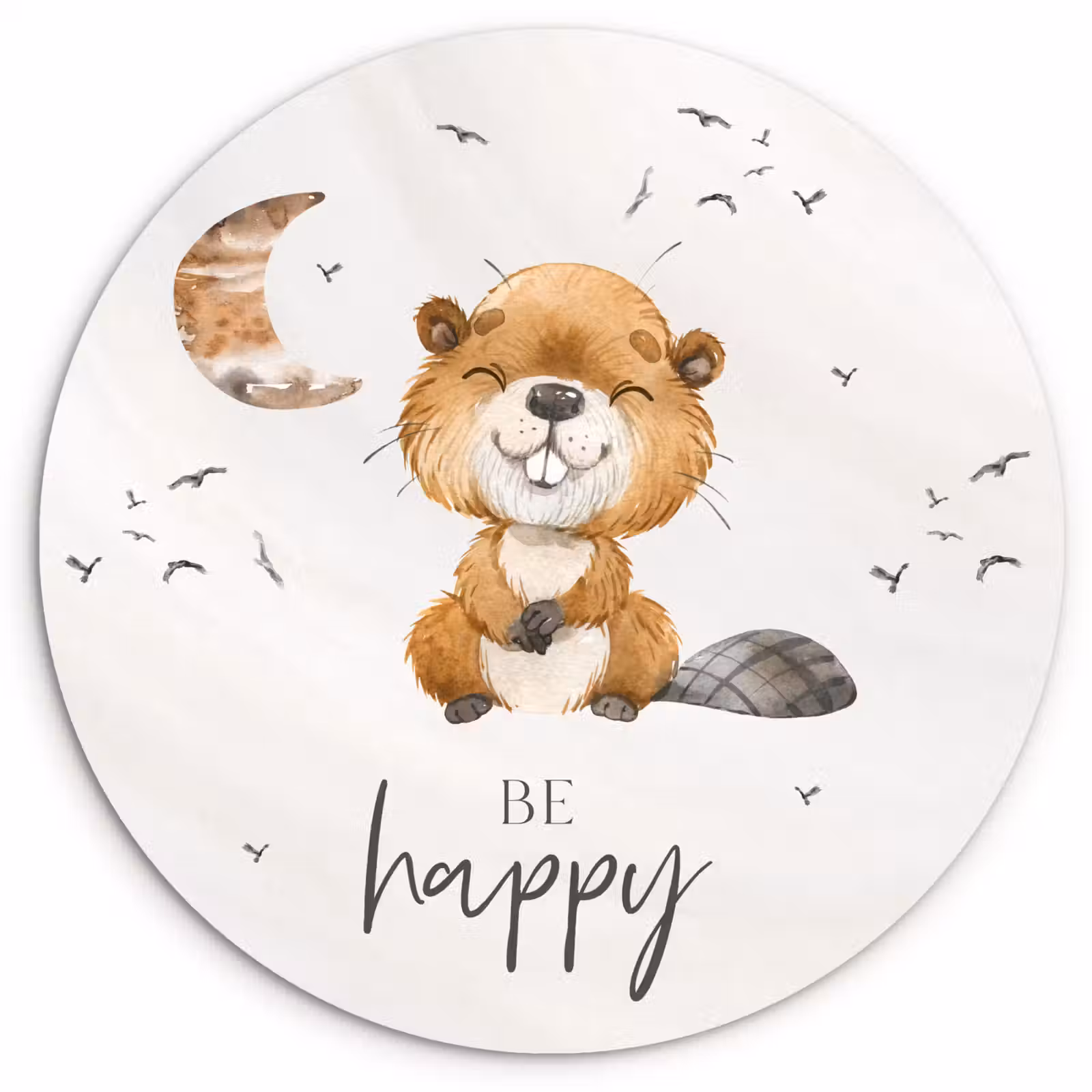 Muurcirkel - Quotes - Be happy - Kinderen - Maan - Bever - Waterverf — 1