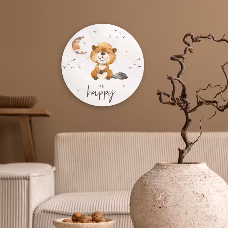 Muurcirkel - Quotes - Be happy - Kinderen - Maan - Bever - Waterverf — 2