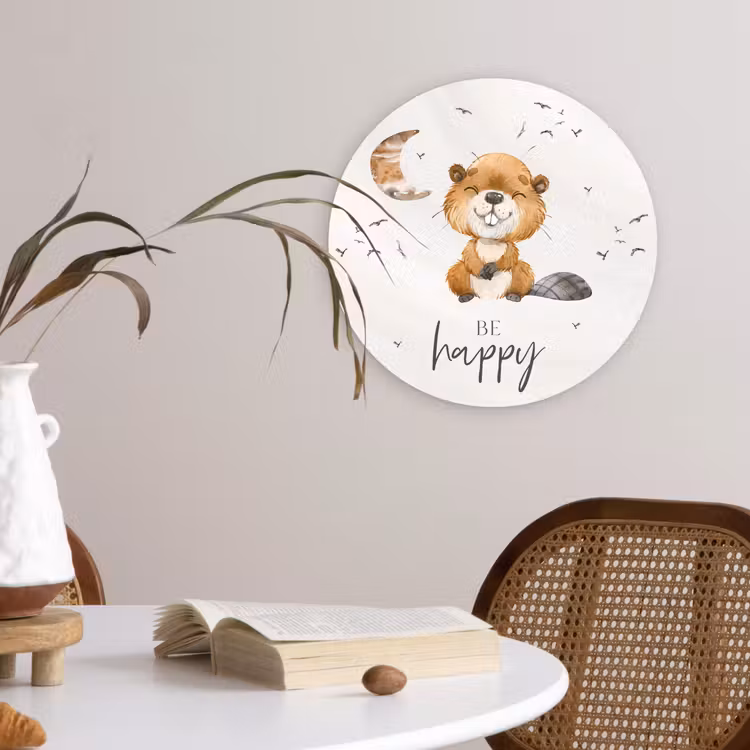 Muurcirkel - Quotes - Be happy - Kinderen - Maan - Bever - Waterverf — 4