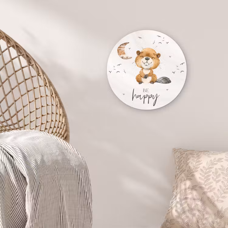 Muurcirkel - Quotes - Be happy - Kinderen - Maan - Bever - Waterverf — 5