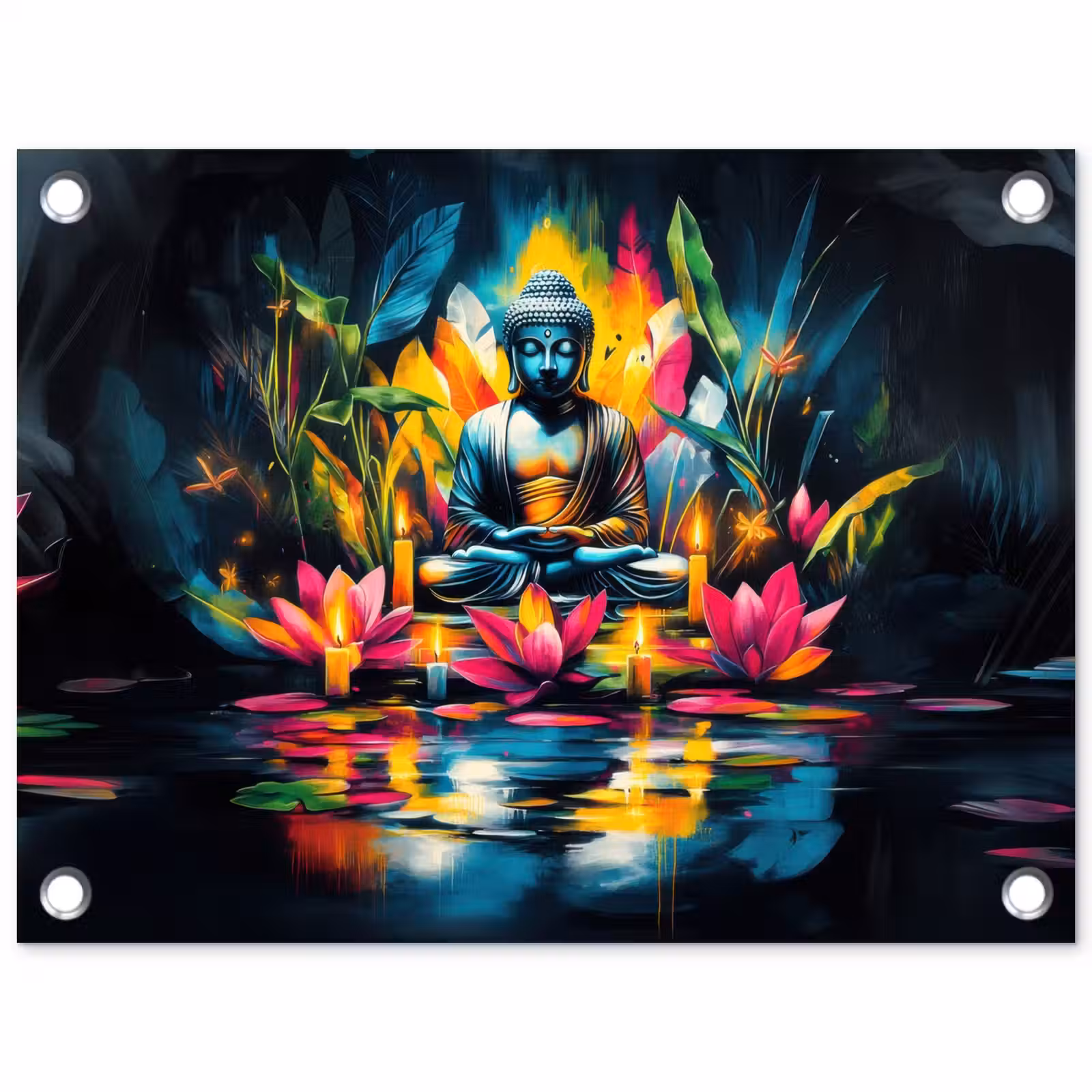 Tuinposter - Kaarsen - Bloemen - Buddha - Water — 1