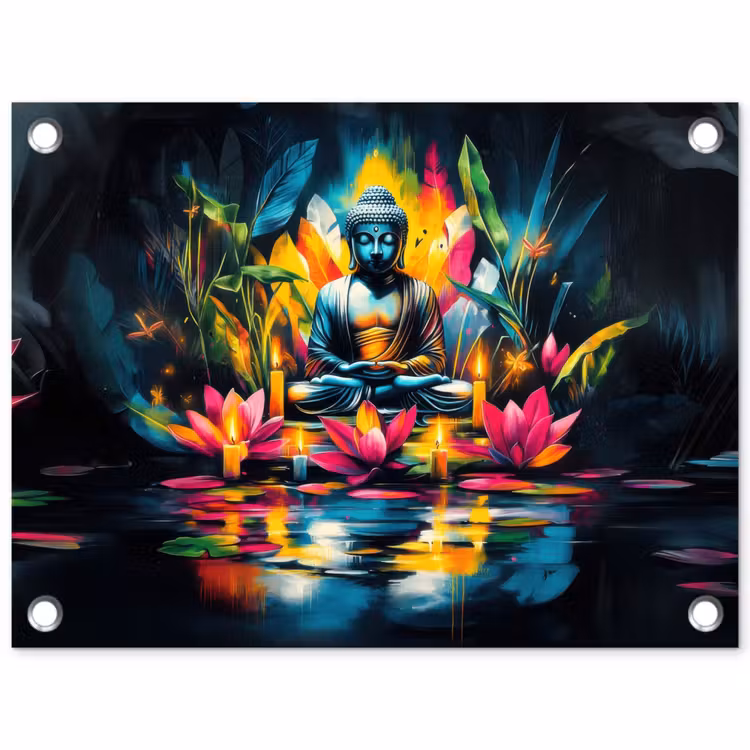Tuinposter - Kaarsen - Bloemen - Buddha - Water — 1