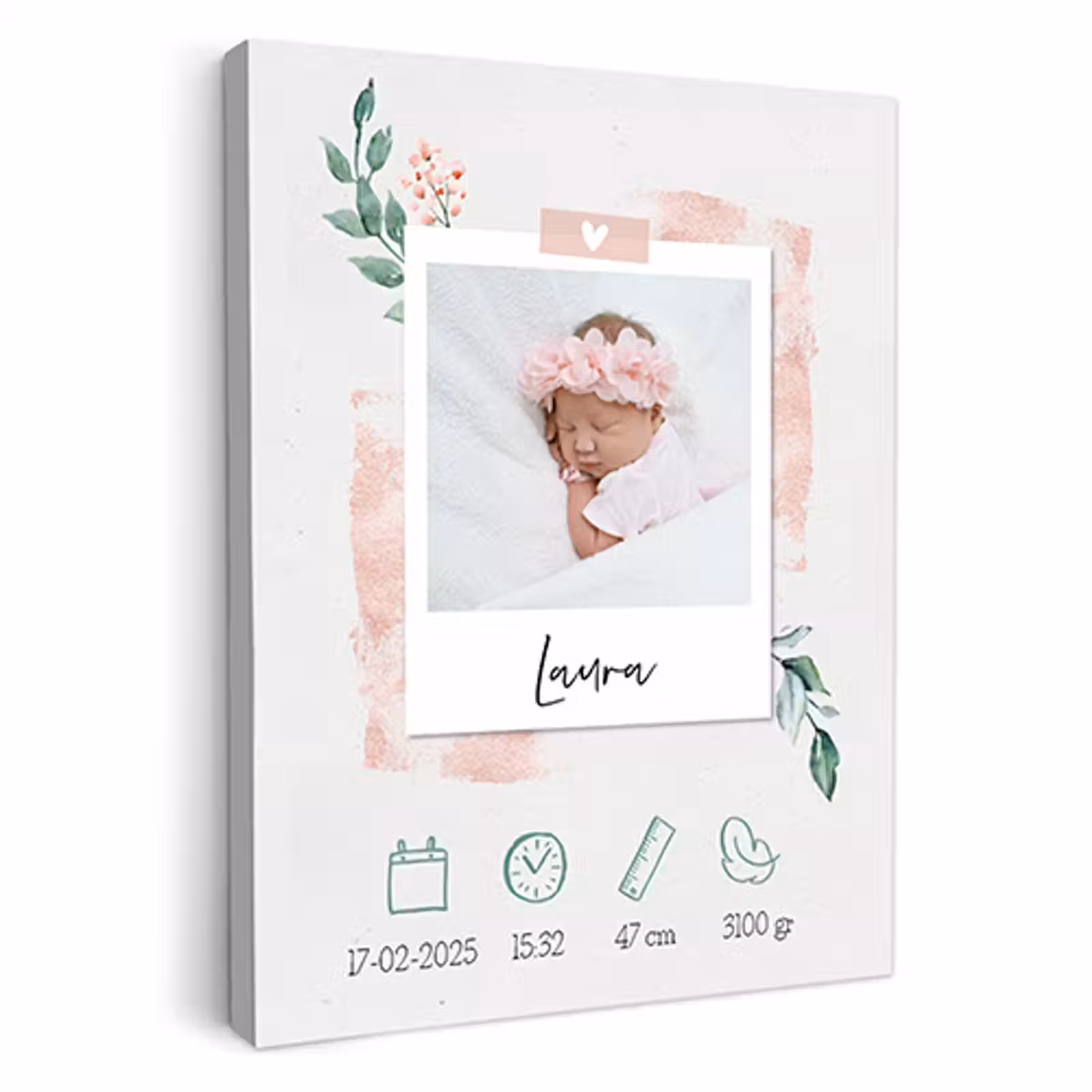 Geboorteposter foto roze op canvas — 1