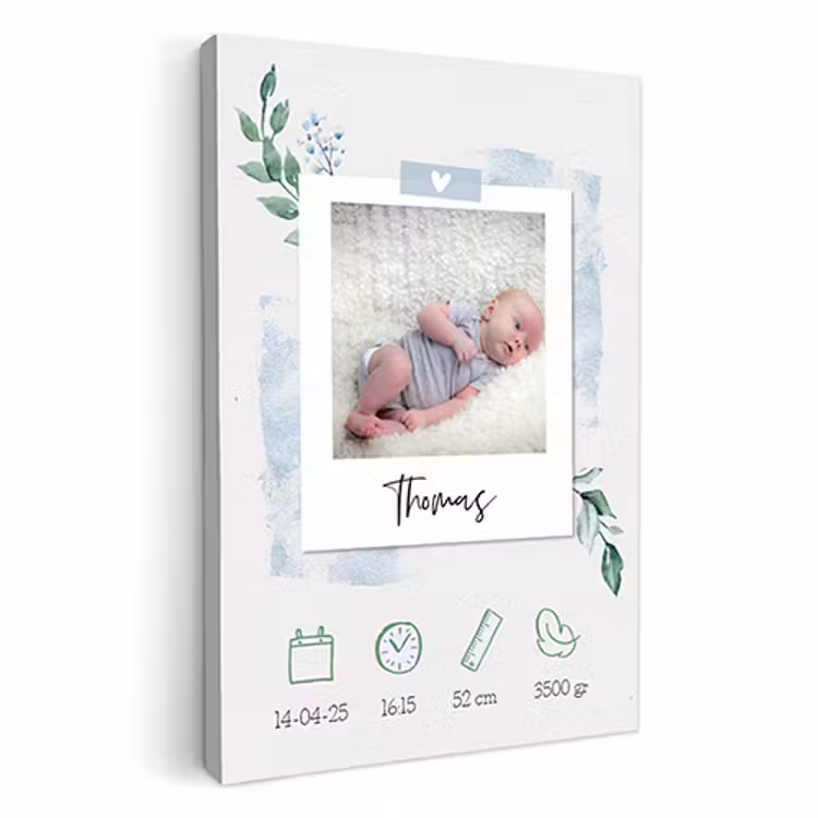 Geboorteposter foto blauw op canvas — 1