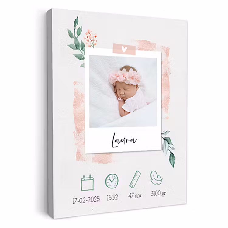 Geboorteposter foto roze op canvas — 1
