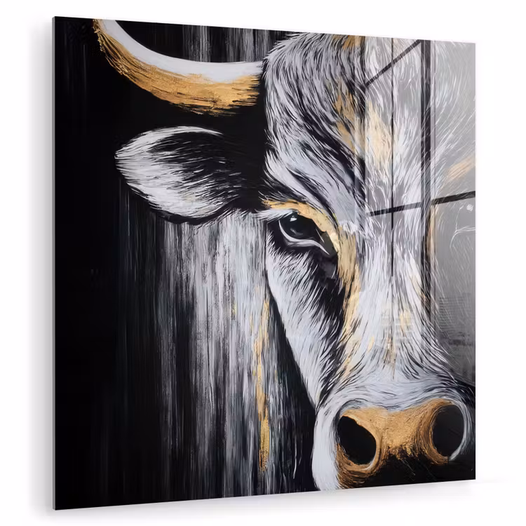Glas schilderij - Stier - Hoorns - Snuit - Goud — 1