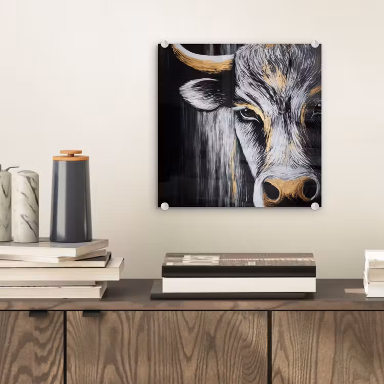 Glas schilderij - Stier - Hoorns - Snuit - Goud — 2