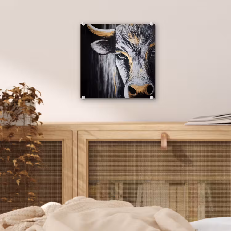Glas schilderij - Stier - Hoorns - Snuit - Goud — 5