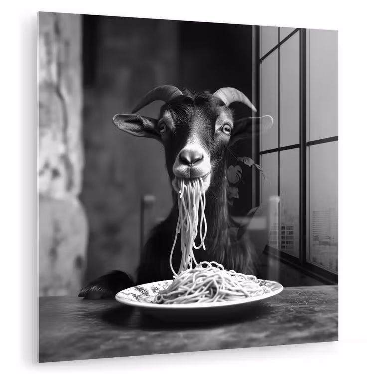 Glas schilderij - Geit - Bord - Spaghetti - Zwart Wit — 1