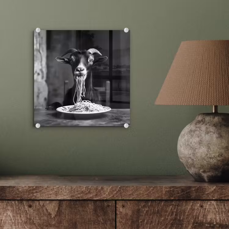 Glas schilderij - Geit - Bord - Spaghetti - Zwart Wit — 4