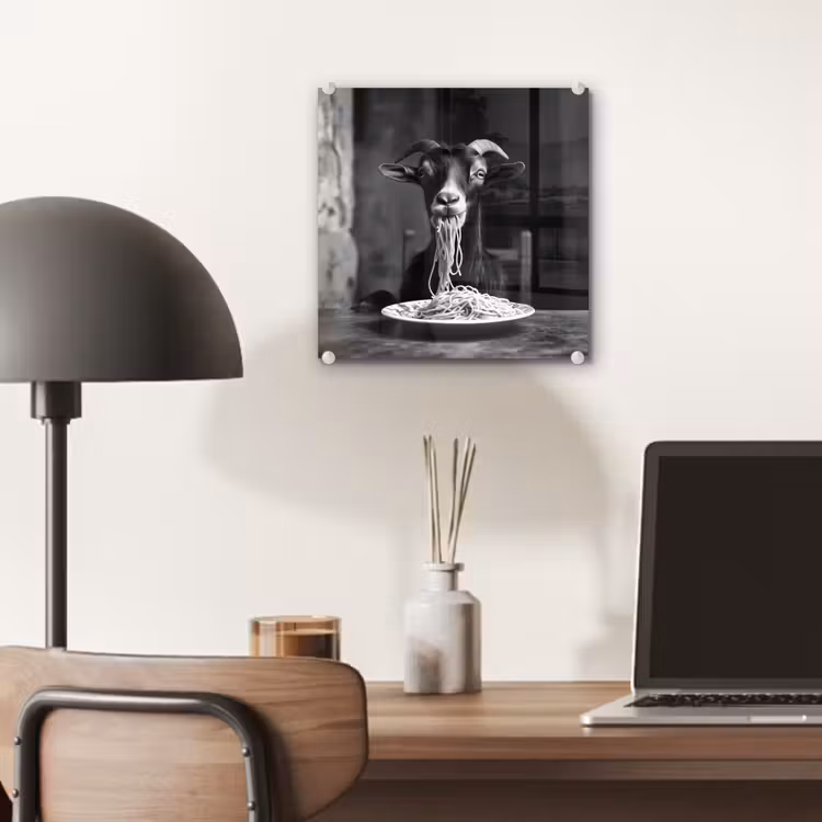 Glas schilderij - Geit - Bord - Spaghetti - Zwart Wit — 7