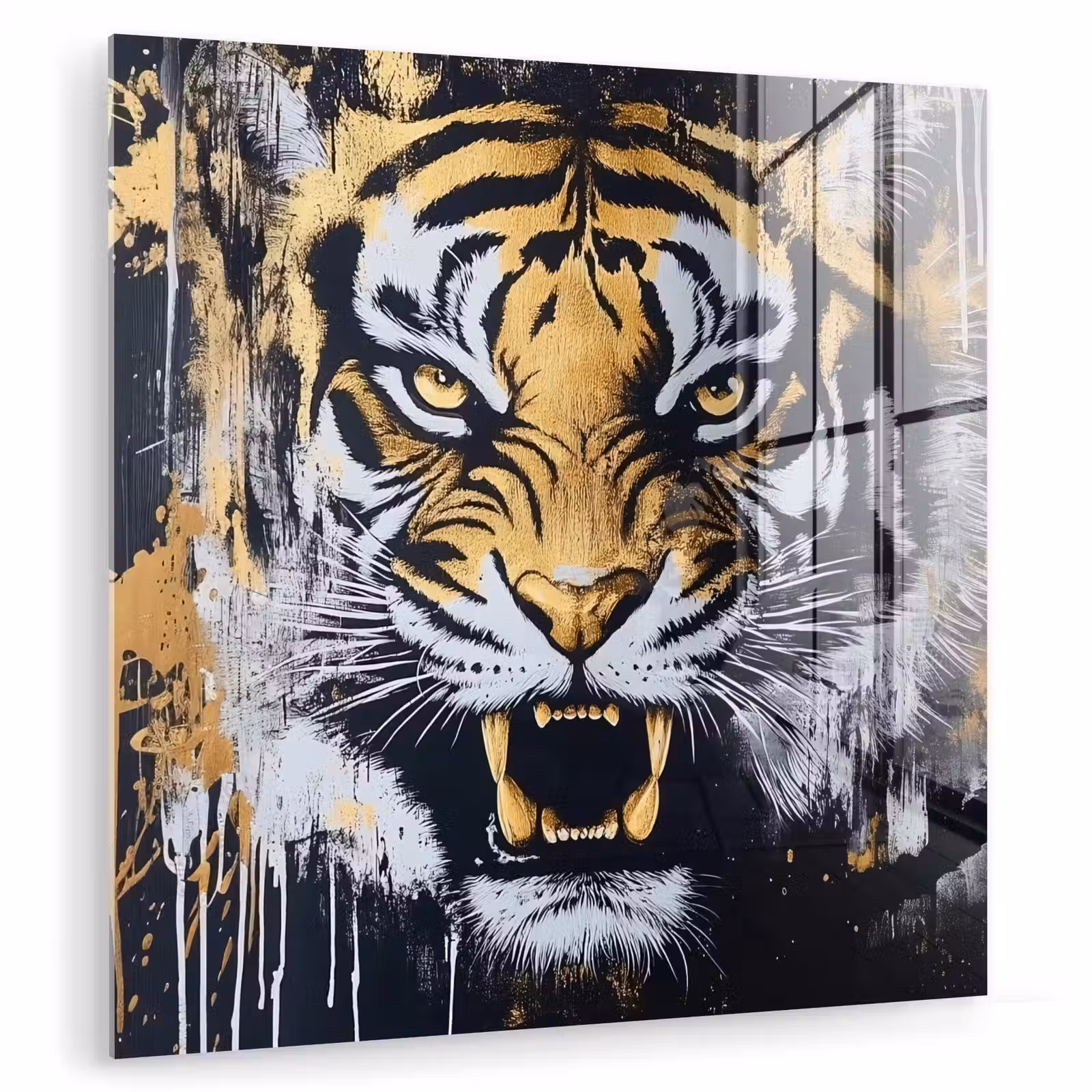 Glas schilderij - Tijger - Verfspatten - Goud — 1