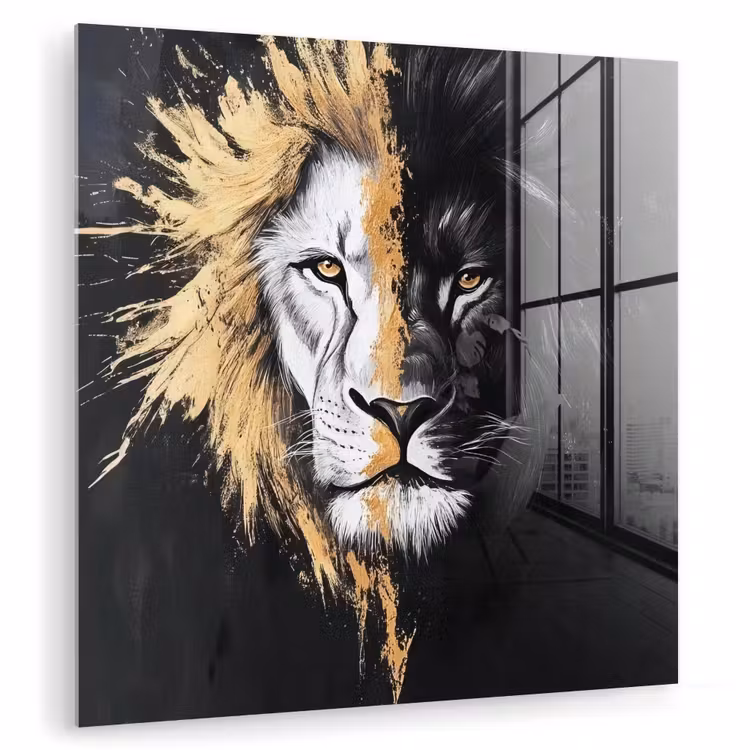 Glas schilderij - Leeuw - Gesplitst - Zwart - Lijn — 1
