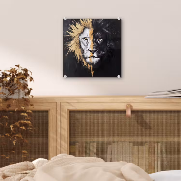 Glas schilderij - Leeuw - Gesplitst - Zwart - Lijn — 5