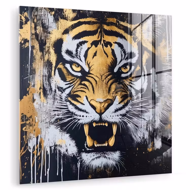 Glas schilderij - Tijger - Verfspatten - Goud — 1