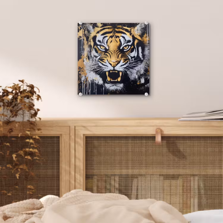 Glas schilderij - Tijger - Verfspatten - Goud — 5