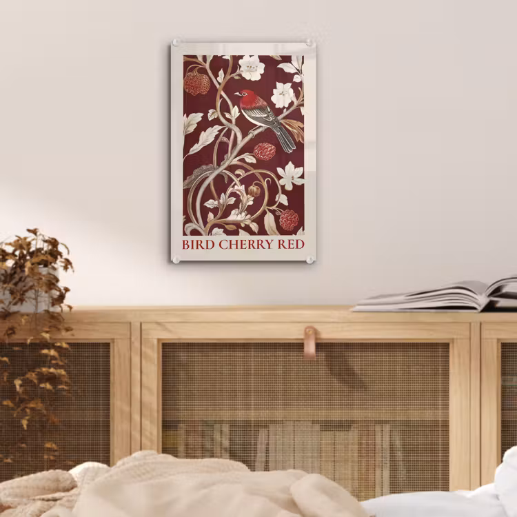 Glas schilderij - Vogel - Bordeaux - Bloemen - Bessen — 5