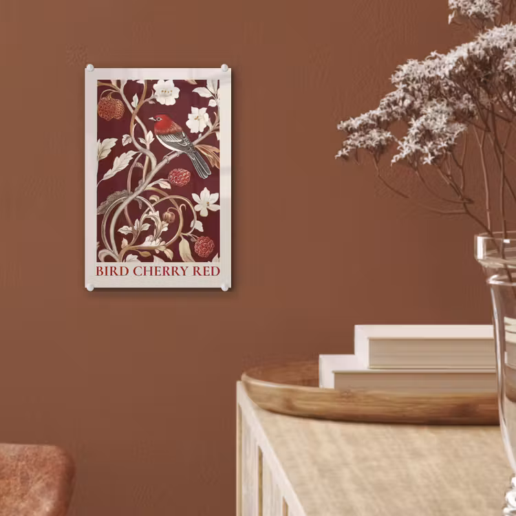 Glas schilderij - Vogel - Bordeaux - Bloemen - Bessen — 6
