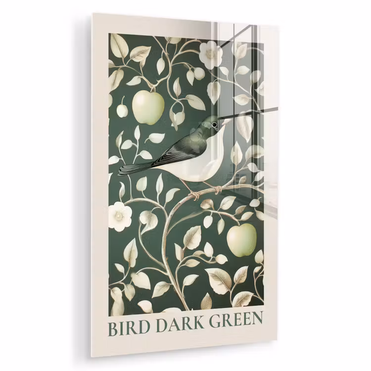 Glas schilderij - Groen - Vogel - Bloemen — 1