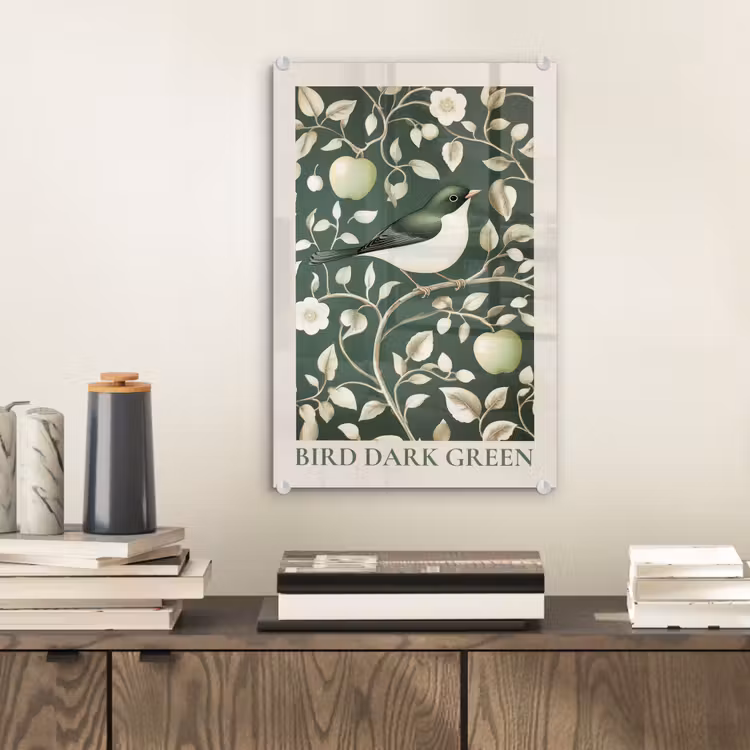 Glas schilderij - Groen - Vogel - Bloemen — 2