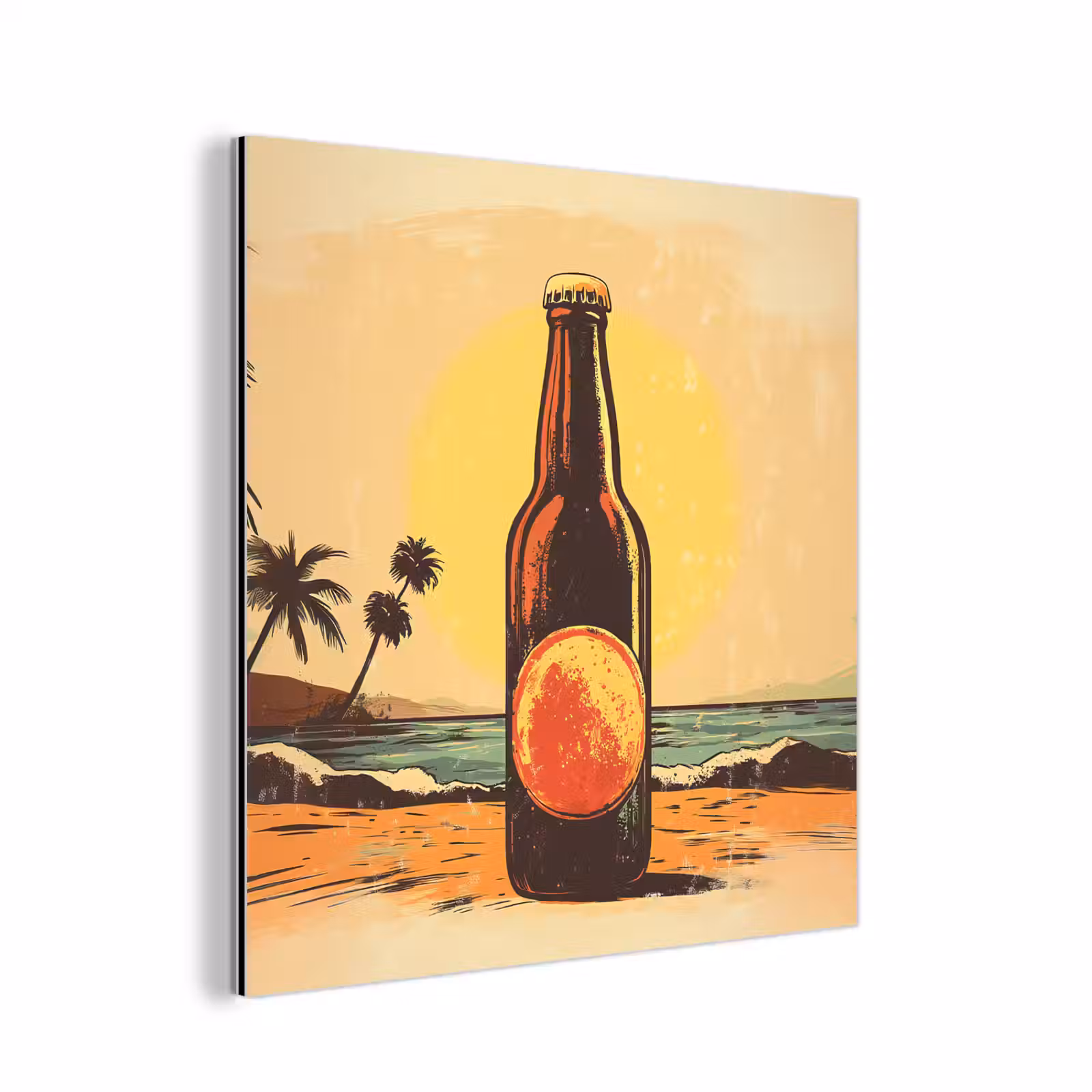 Aluminium schilderij - Bierfles - Zonsondergang - Palmbomen - Zee — 1