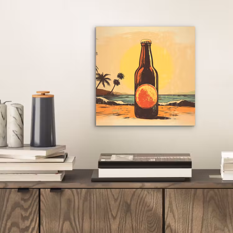 Aluminium schilderij - Bierfles - Zonsondergang - Palmbomen - Zee — 2