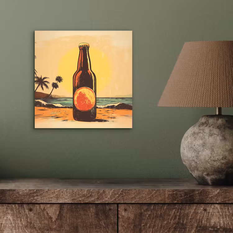 Aluminium schilderij - Bierfles - Zonsondergang - Palmbomen - Zee — 3