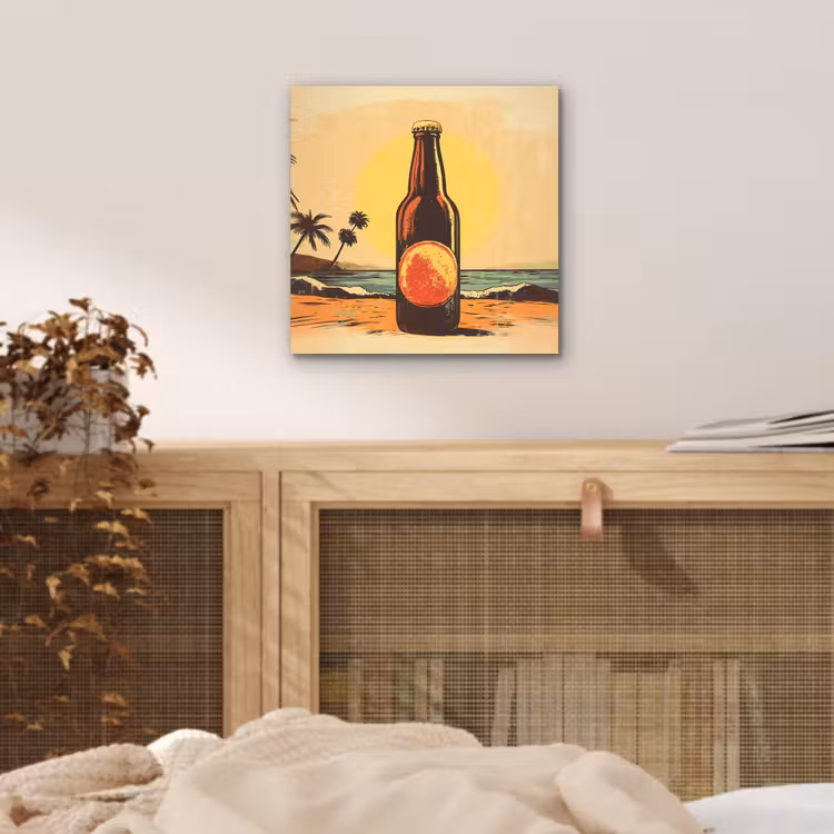 Aluminium schilderij - Bierfles - Zonsondergang - Palmbomen - Zee — 4