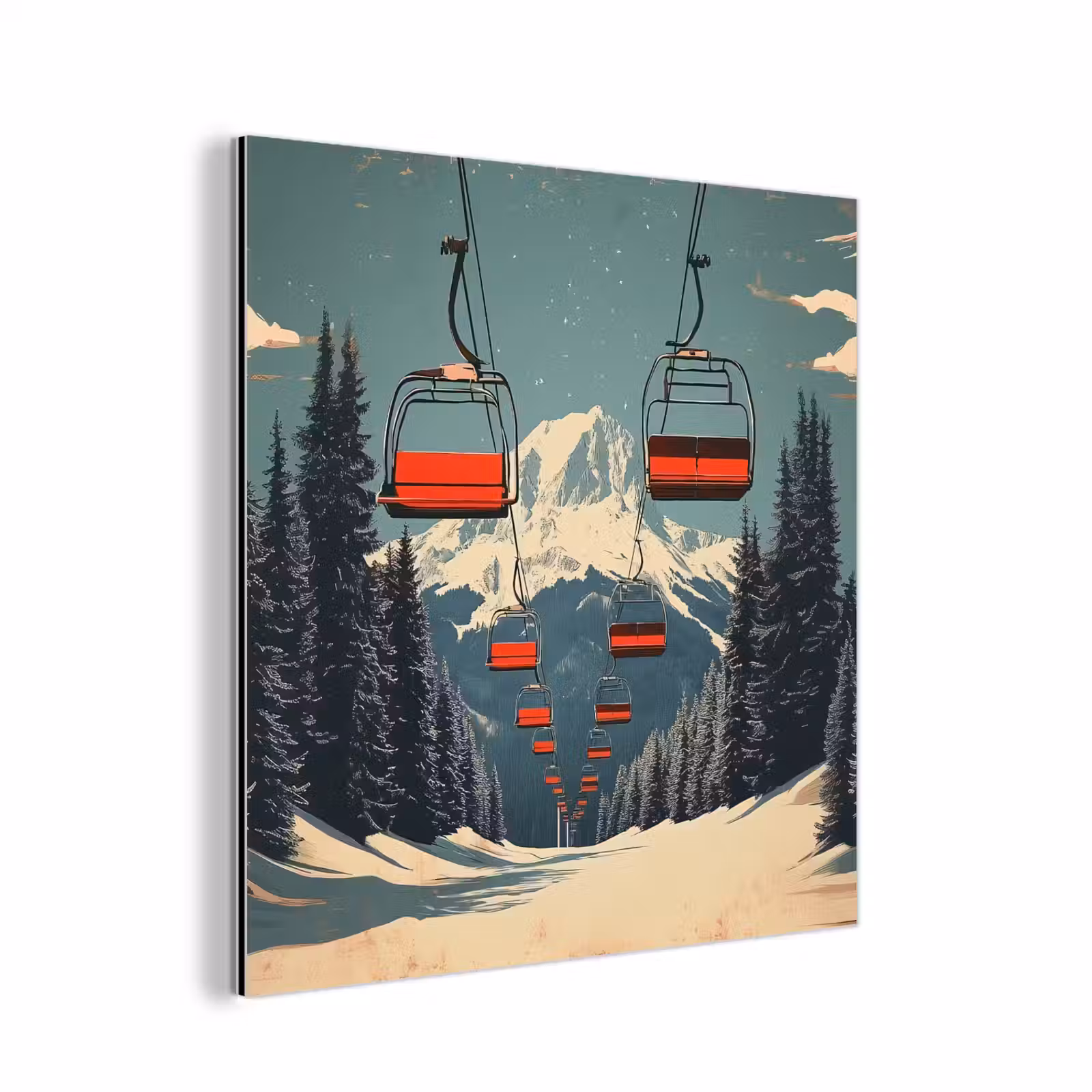 Aluminium schilderij - Sneeuw - Skilift - Rood - Bomen — 1